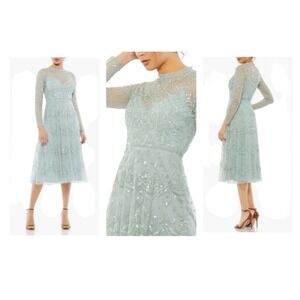 Mac Duggal 9142 Sequined Illusion Long Sleeve Midi Dress Seafoam Size 10 $498